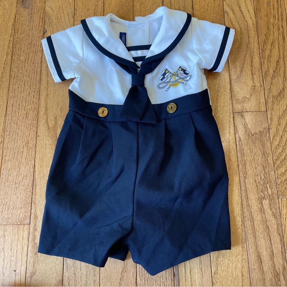 MATTS SCOOTER BLUE WHITE NAUTICAL ANCHOR GRAPHIC ROMPER OUTFIT SIZE 12 MONTHS